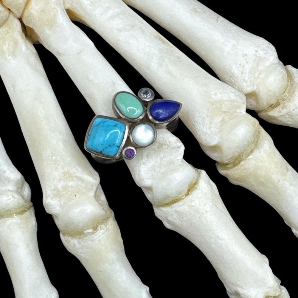 Vintage Southwest Sterling Silver Turquoise Lapis Gemstone Ring size 8